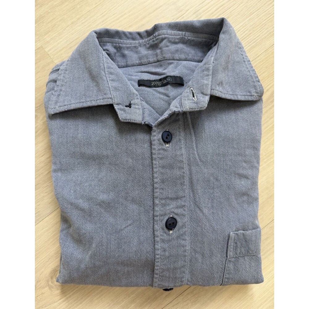 Zegna Sport Men L Blue Woven Distressed Cotton Button-Up Shirt Long Sleeve